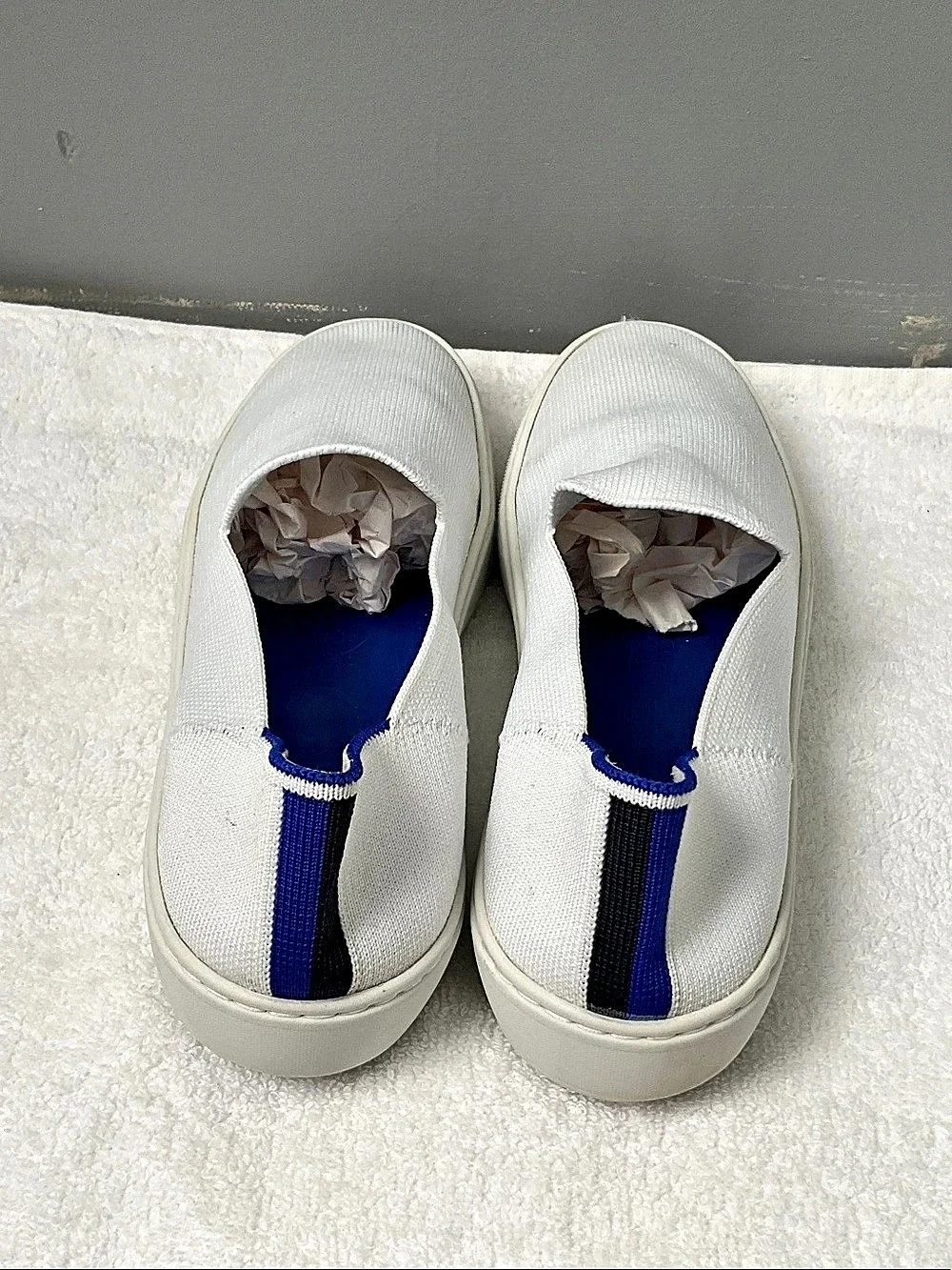Rothy's The Original Slip On Sneaker White & Blue ,women’s size 9